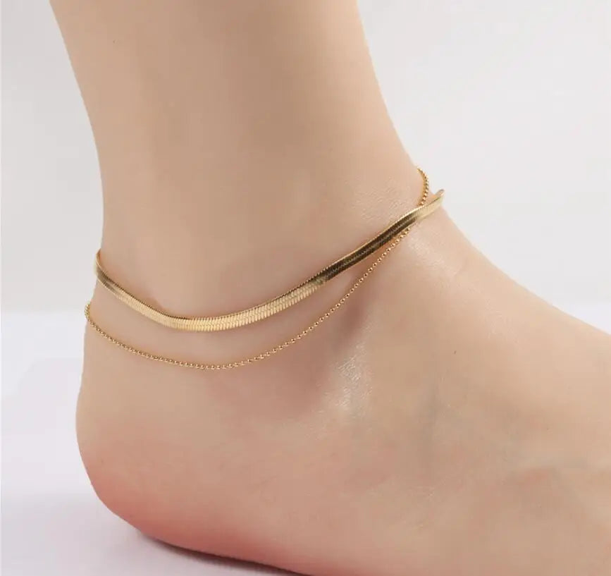 Stainless Steel Barefoot Sandal Beach Foot Jewelry Women Snake Bone Anklets Double Layered Beaded Women Anklet Bracelet