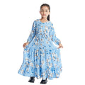 2024 Wholesale Floral Printed Muslims Girls Dresses Pleated Matched Edge Kids Party Dress Solid Color V-neck Kids Girl Dress