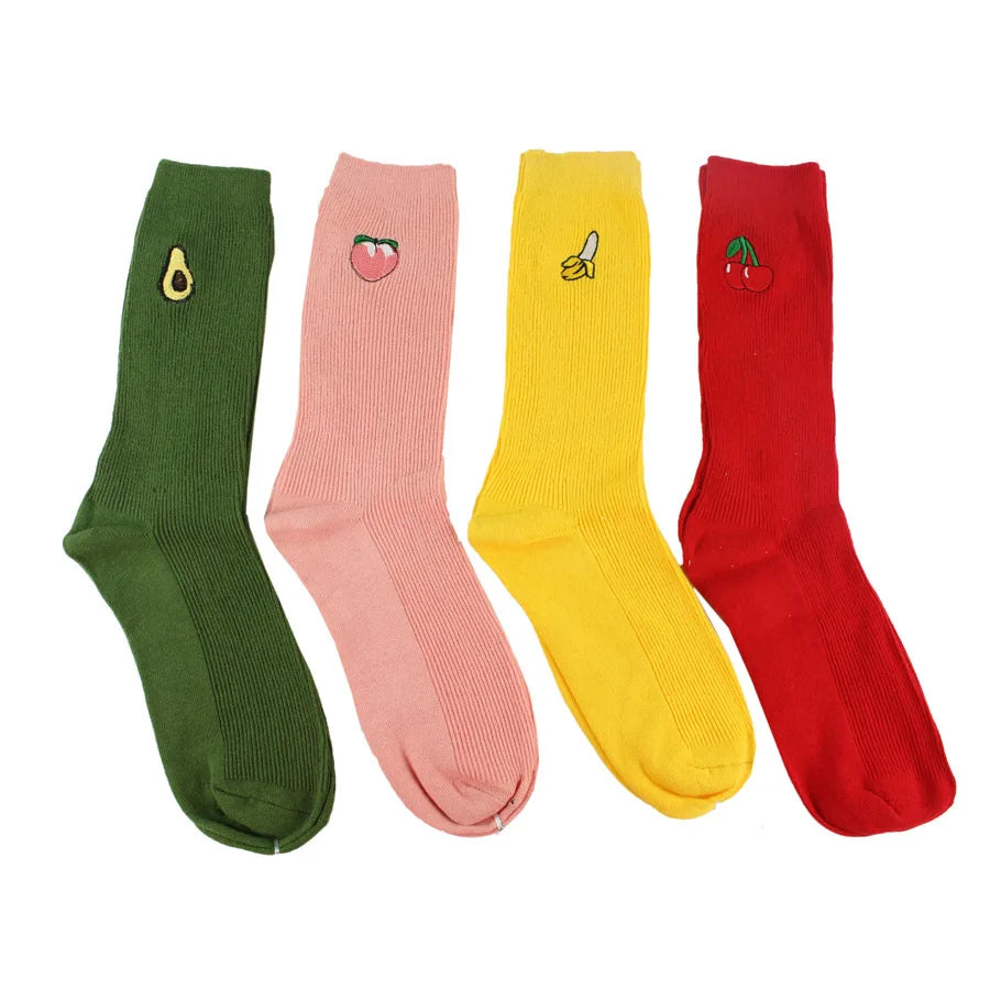 Customized Retro Long Crew Socks for Women Fruit Embroidery Colorful Jacquard Print Breathable Spandex Free Size Casual Style