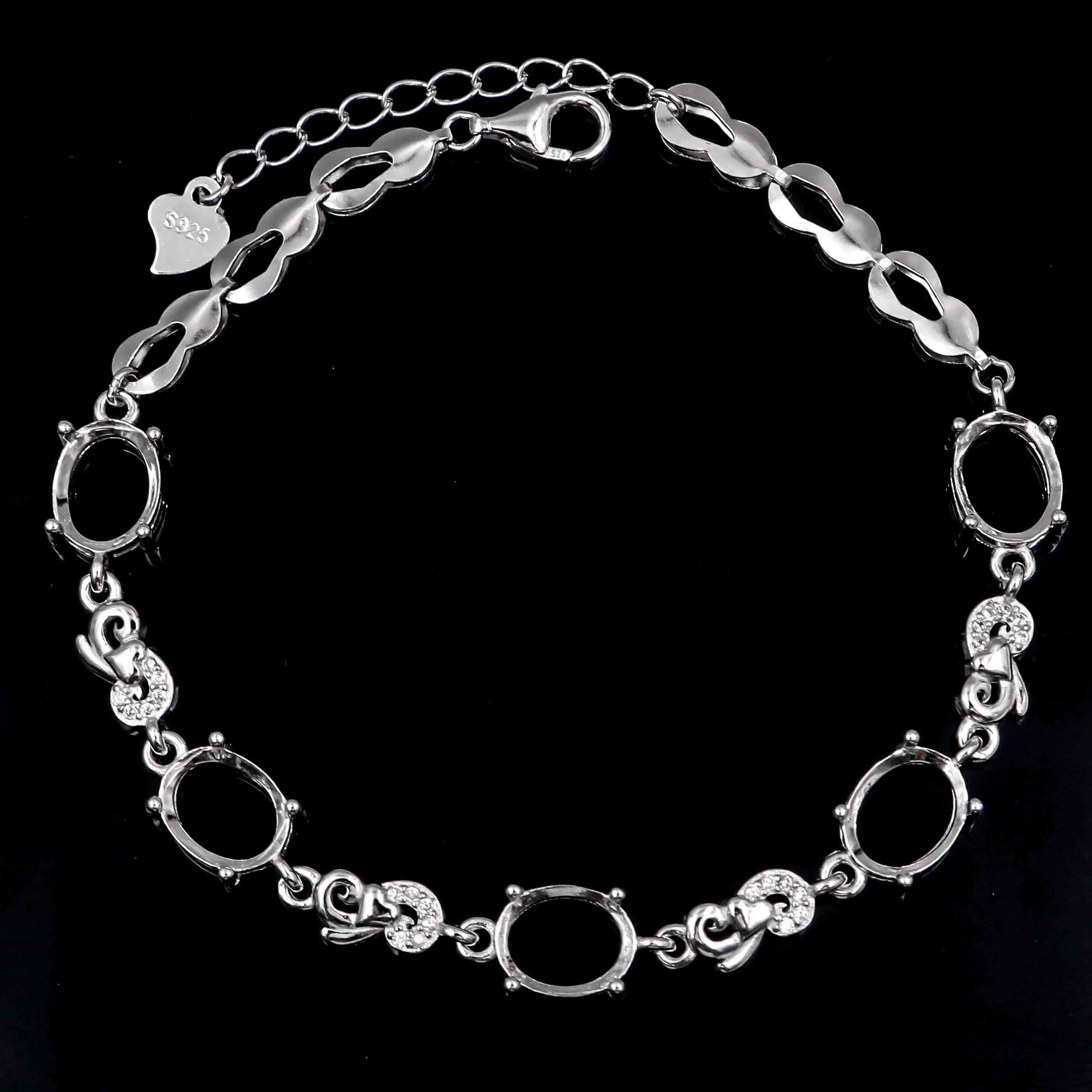 Sterling Silver 7*9mm Semi Mount Bracelet Empty Frame Blank Claws Setting S925 Base Holder Without Center Stone Inlay for DIY