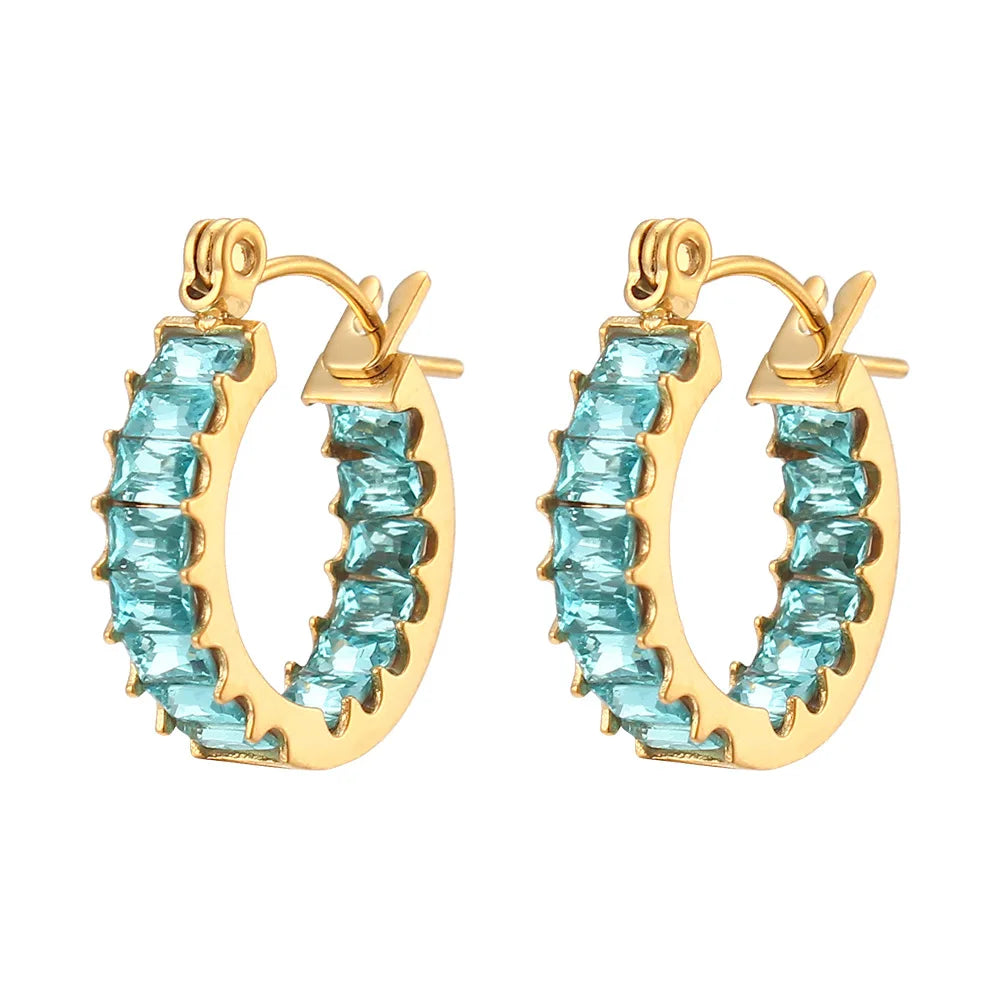 Jachon Colorful Shining Zircon Baguette Hoop Earring 18K Gold Plated Stainless Steel Earring Women