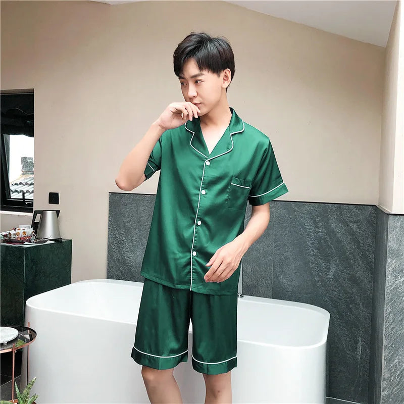 OEM Plain Pattern Light Weight Silk Navy Men Sleepwear With Pockets Wholesale Pajamas