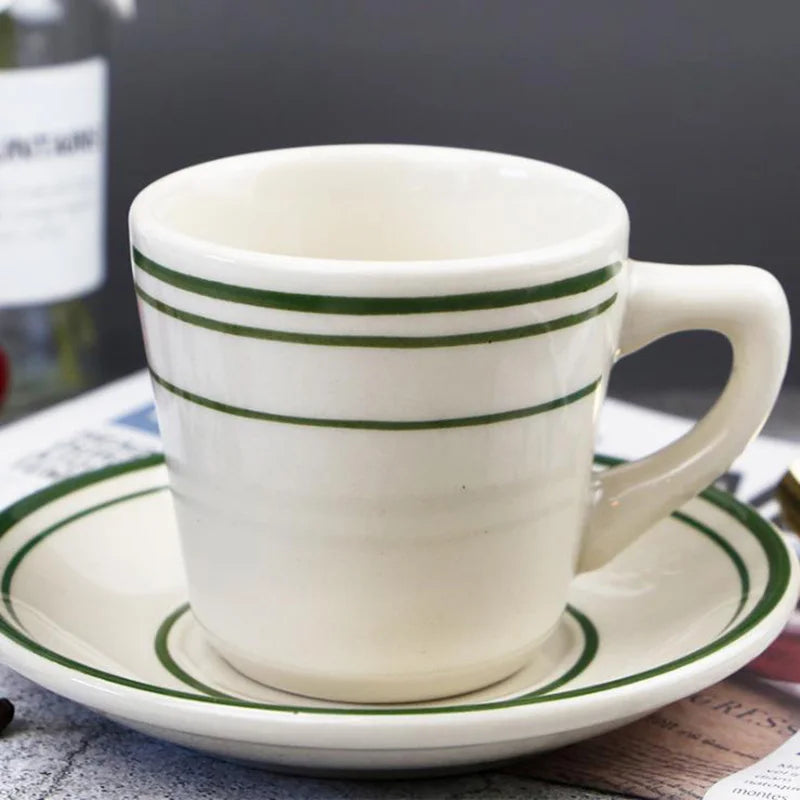 Solhui Creative Cute  Mug Ceramic Nordic Style Green Rim Ceramic Coffee Mug with Saucer