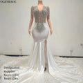 Ocstrade Sparkly Crystal Feather Train Split Shiny Silver Ab Rhinestone Applique Plus Size Long White Prom Dresses Ball Gown