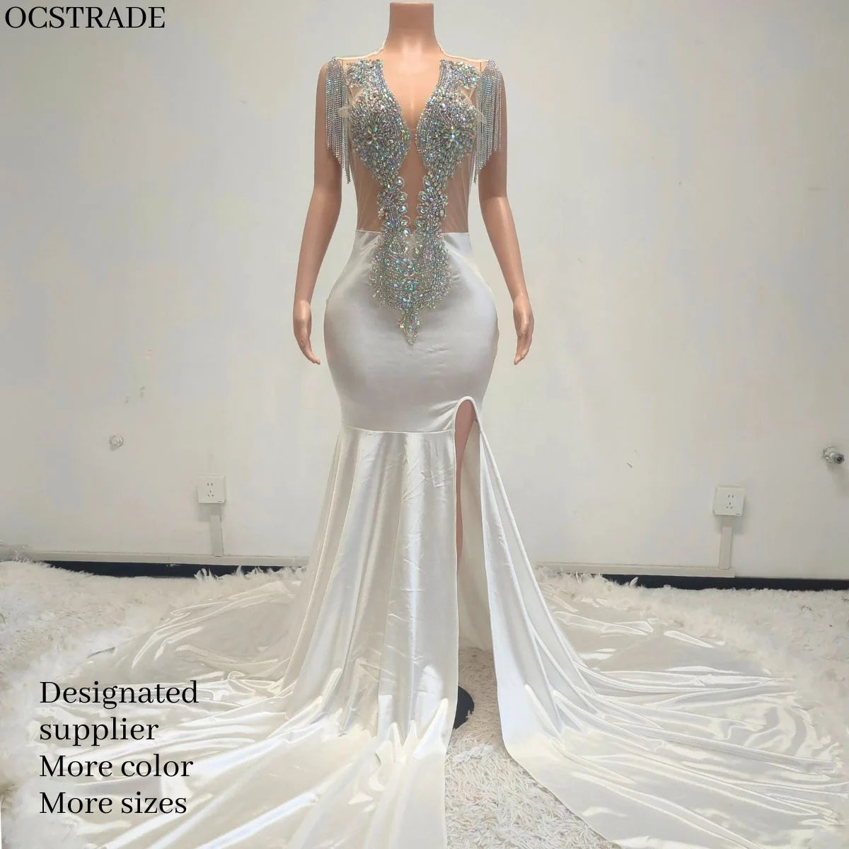 Ocstrade Sparkly Crystal Feather Train Split Shiny Silver Ab Rhinestone Applique Plus Size Long White Prom Dresses Ball Gown