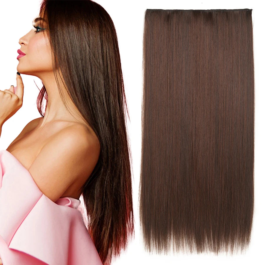 24\" Silky Straight Heat-Resistant Synthetic Fiber Clip-in Hair Extensions for Women 5 Clips Hairpiece