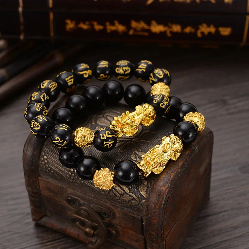 MECYLIFE Manmade Obsidian Gold Pixiu Bracelet Six-character Bracelet Gifts Fengshui Bracelet