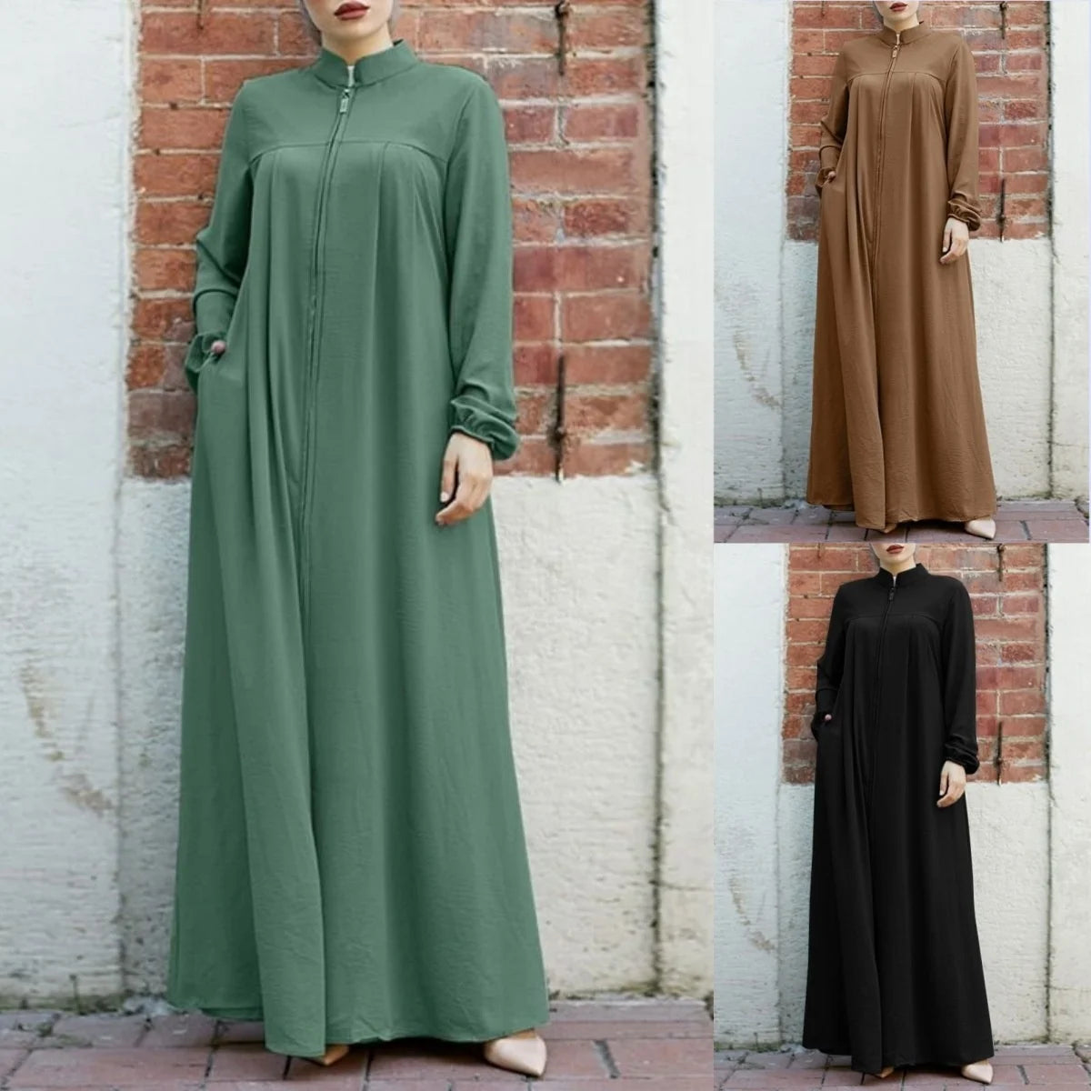 PROMISTAR Women's Casual Dress New Arabic Design Stand Collar Zipper Pocket Temperament Loose Polyester Modest Abaya Autumn