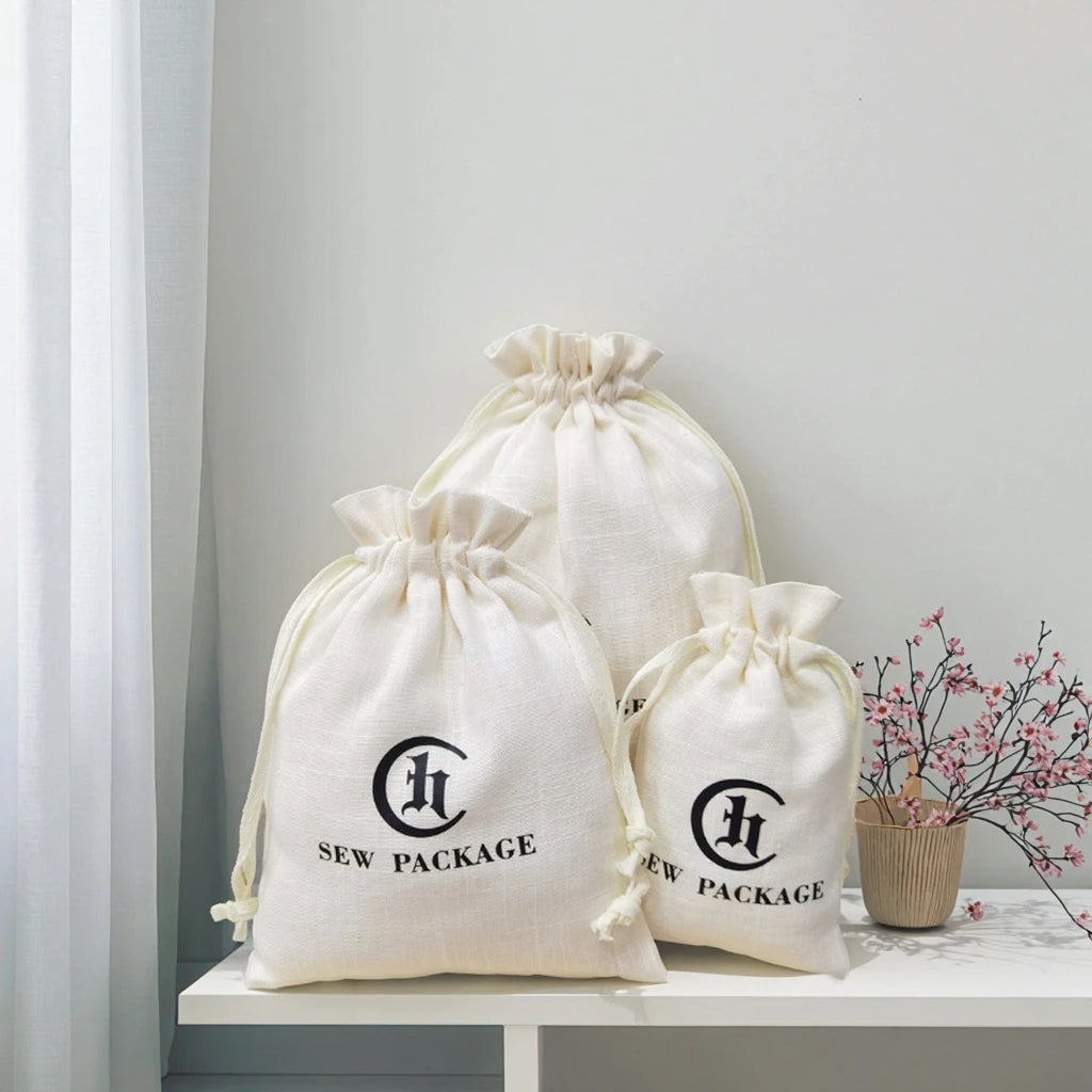 Thin Organic Cotton Drawstring Pouch Personalized Soft Muslin Bag Double String Garment Dust Cover Logo Included