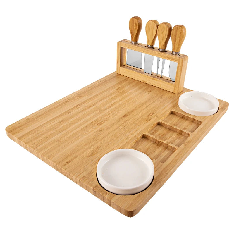 Bamboo Cheese Board Stainless Steel Knife Set Charcuterie Serving Tray Platter with Clasp Knife Holder Kitchen Cutting Board