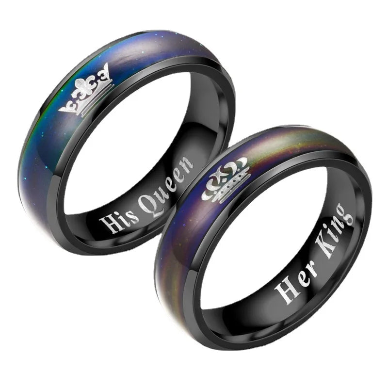 Trendy Change Color Ring Hot Sale for Couple Engagement Use King and Queen Ring Stainless Steel Couple Rings for New Year Gift