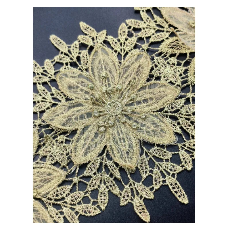 3D Golden Water-Soluble Floral Lafaya Embroidery Lace Trim Metallic Organza Flower Fabric Clothing Curtain Decoration LT10
