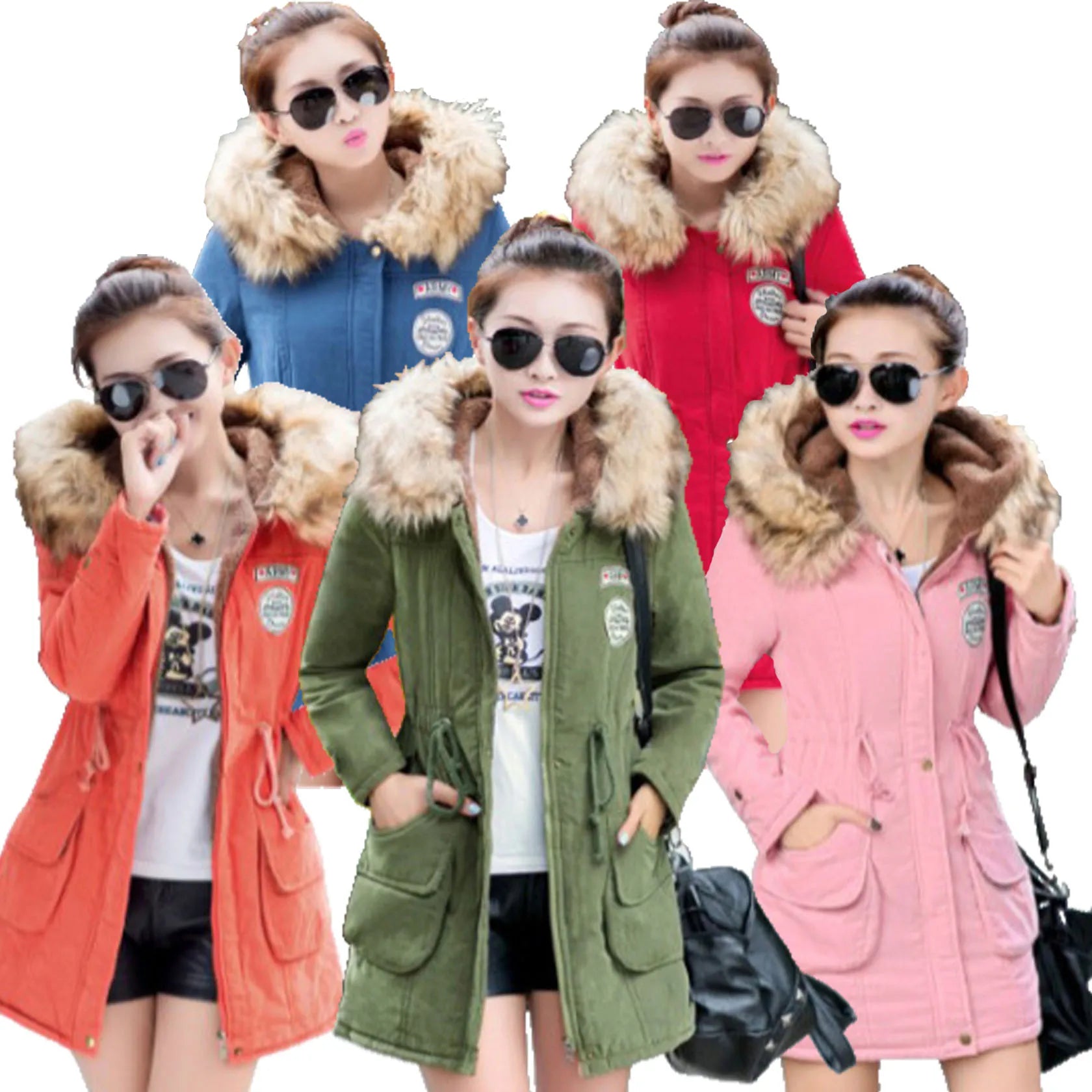 AIMINYZ New Winter Woman's Long Polyester/Cotton Anti-Wrinkle Cotton-Lined Warm Hooded Slim Faux Fur Collar Zipper Woven Coat