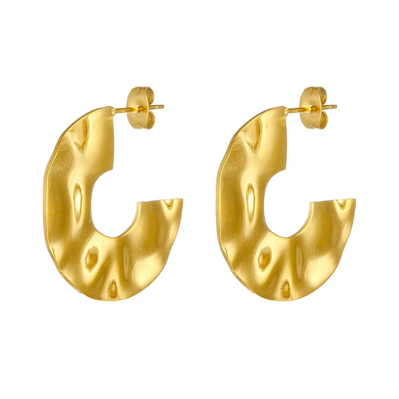 Wholesale Custom Stainless Steel Jewelry 18K Gold Plated Hammered C Shaped Hoop Stud Earrings for Women