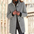 2025 Women's Solid Color Button Standing Peter Pan Collar Overcoat Single Breasted Pockets Winter Woolen Jacket Long Coat