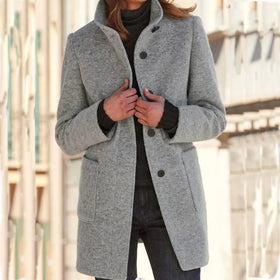 2025 Women's Solid Color Button Standing Peter Pan Collar Overcoat Single Breasted Pockets Winter Woolen Jacket Long Coat