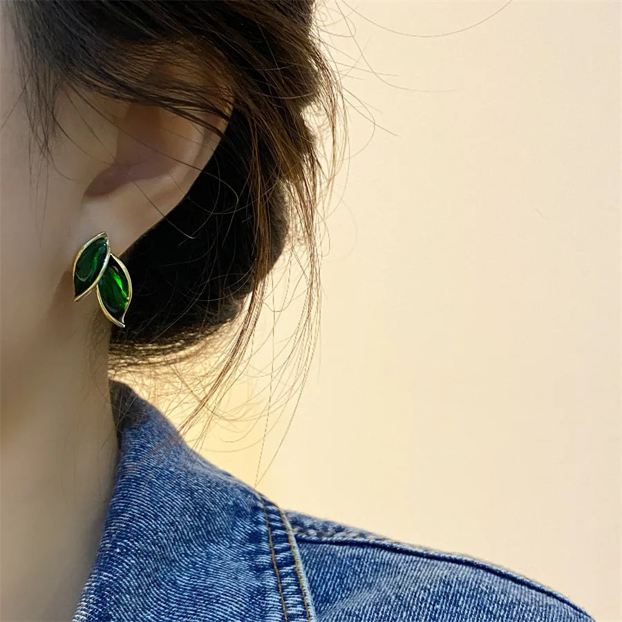 Copper Plated Real Gold Maillard Brown Leaf Drop Glaze Earrings for Women New Light Luxury Niche Stainless Steel Earrings