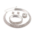 4pcs/Set Bridal Wedding Jewelry Set Women Rhinestone Choker Necklaces Round Rings Bracelets With Square Diamond Stud Earrings