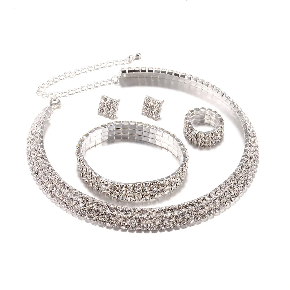 4pcs/Set Bridal Wedding Jewelry Set Women Rhinestone Choker Necklaces Round Rings Bracelets With Square Diamond Stud Earrings