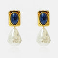 Premium Vintage Atmospheric Brass 18k Real Gold Plated Natural Lapis Lazuli Pearls Earrings