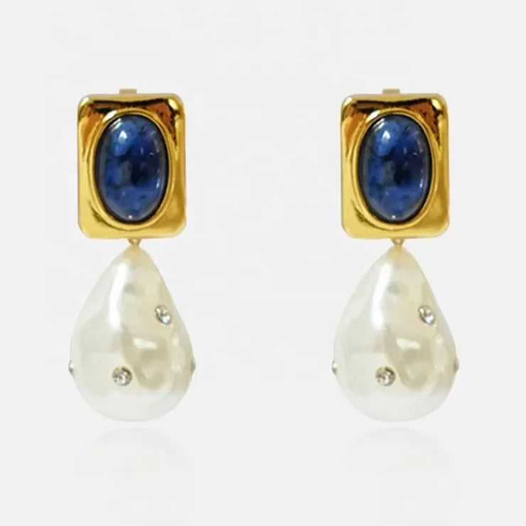 Premium Vintage Atmospheric Brass 18k Real Gold Plated Natural Lapis Lazuli Pearls Earrings