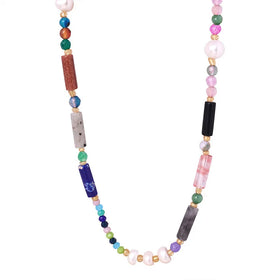 18K Gold Colorful Natural Stone Round Beads a String of Beads Bamboo Handmade Necklace Titanium Steel Maillard Accessories