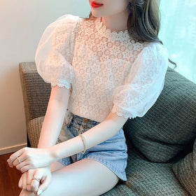 French Style Fashion Stand Collar Loose Short Sleeve Cut Out Elegant Lace Womens Blouse Tops 8398#