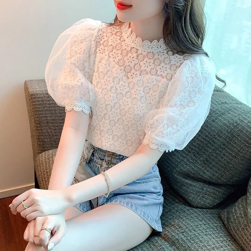 French Style Fashion Stand Collar Loose Short Sleeve Cut Out Elegant Lace Womens Blouse Tops 8398#
