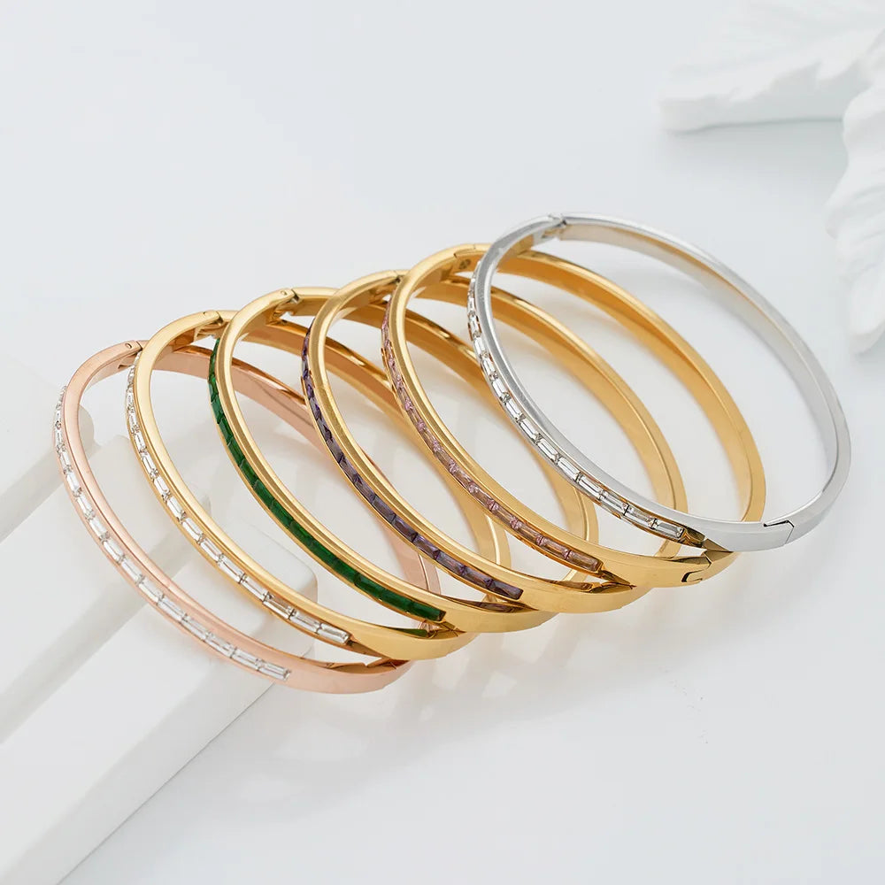 Customized Fashion Jewelry 18K PVD Gold Plated Stainless Steel Colorful Zircon Nice Bangle Bracelet for Women