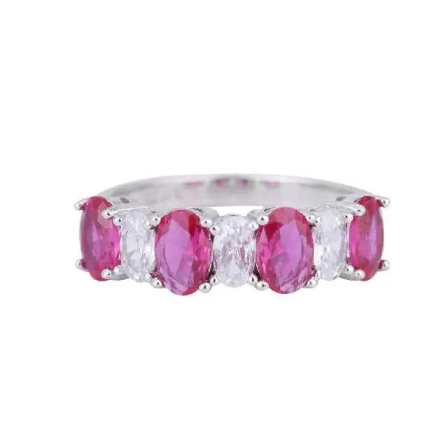 Rhodium Plated Sterling Silver 4X6 MM Ruby Oval Cut Cubic Zirconia CZ 7-Stone Anniversary Fashion Band Ring