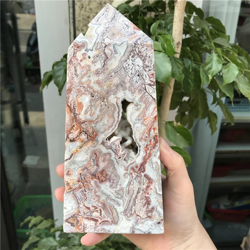Natural Gemstone Crystal Large Wand Polished Mexican Lace Agate Point Tower for Healing