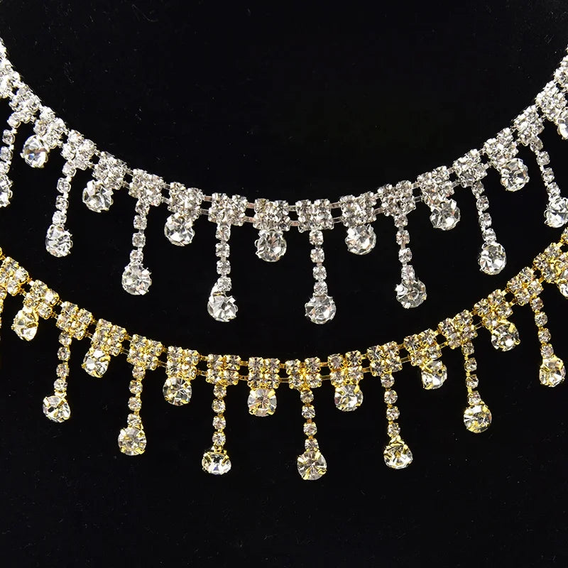 Short Tassel Rhinestone Flower Chain Double Row Crystal Diy Clothes Accessories Waist Shoelace Decorative Trimming 2cm Wide