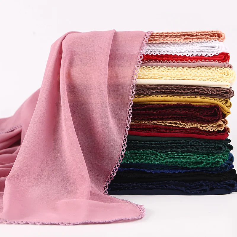 Sharut New Malaysia Curvy Edge Lace Wrap Scarf Wholesale Pearl Chiffon Material Gauze Scarf