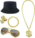 5Pcs/Set Gold 90s 80s Hip Hop Wedding Costume Kit Baseball Cap Sunglasses Dollar Necklace Ring Holographic Fanny Pack Rapper