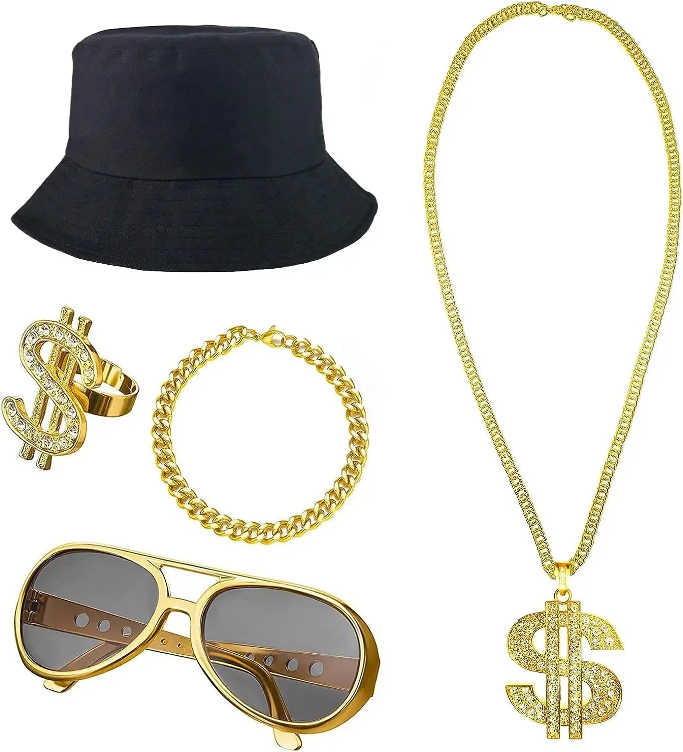 5Pcs/Set Gold 90s 80s Hip Hop Wedding Costume Kit Baseball Cap Sunglasses Dollar Necklace Ring Holographic Fanny Pack Rapper