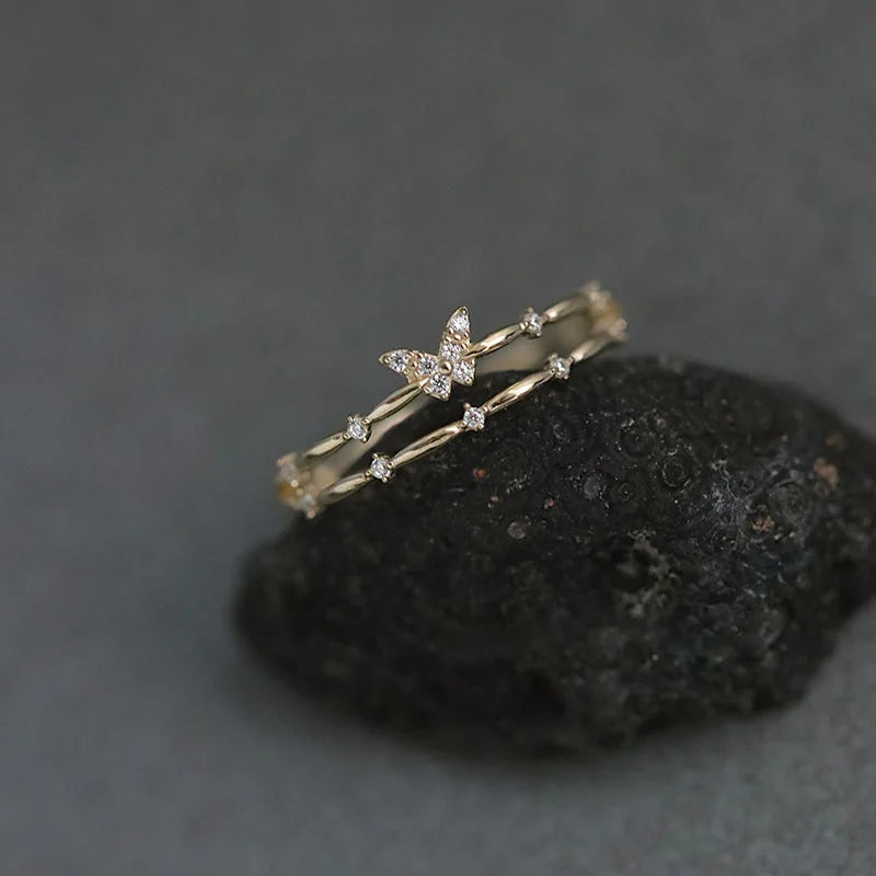 Shiny Trendy Double Layered Gold Plated 925 Sterling Silver CZ Zircon Butterfly Engagement Finger Rings for Women Jewelry