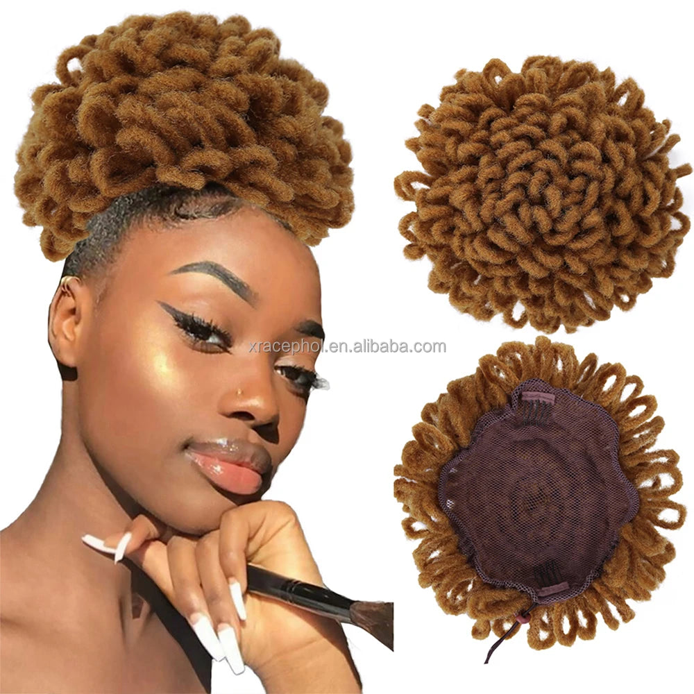 9 Colors Faux Locs Crochet Hair Curly Dreadlock Hairpiece with Elastic Drawstring Synthetic Hair Bun Kinky Curl Curly Chignon