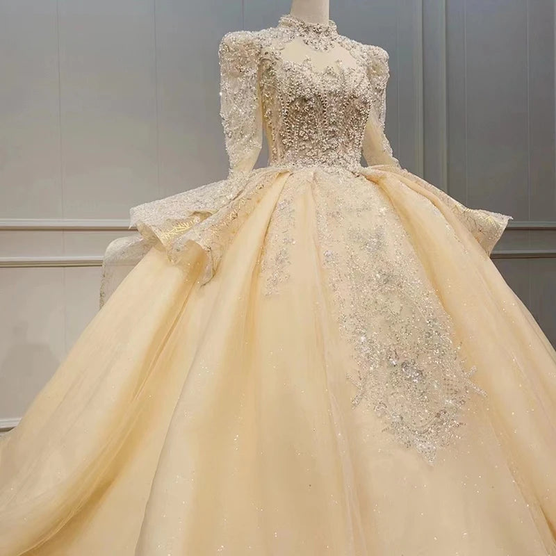Heavy Industry Retro High Neck Long Sleeve Wedding Dress 2023 New Bride Main Wedding Dress Large Trailing Women Wn033