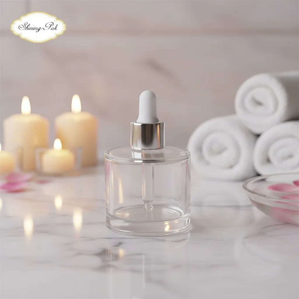 Wholesale Heavy Bottom 50ml Glass Dropper Bottles with Pump Sprayer for Skincare Packaging