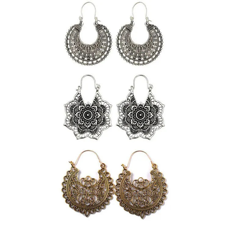 SC Fashion Bridal Earrings Hollow Ethnic Totem Boho Handmade Earrings Jewelry Indian Antique Silver Carved Flower Hoop Earrings