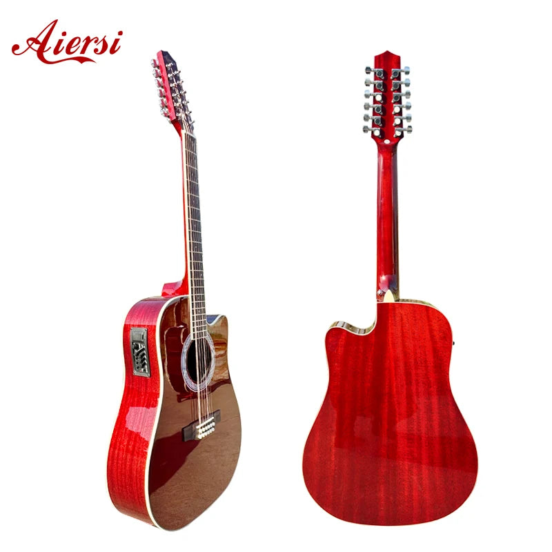Glossy Wine Red 12 String Electric Acoustic Guitar Custom Logo Aiersi Handmade 41 Inch Pickup Folk String Instrument China Made