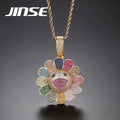 JINSE Hip Hop Cz Jewelry Necklace 30inch Rainbow Sun Flower Pendant Twist Jewelry Copper Zircon Necklace