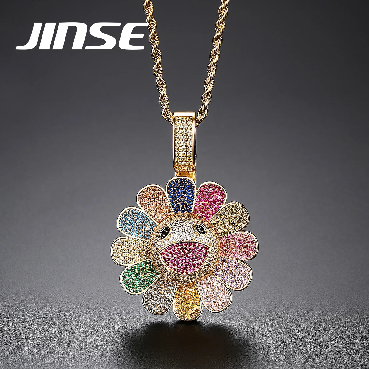 JINSE Hip Hop Cz Jewelry Necklace 30inch Rainbow Sun Flower Pendant Twist Jewelry Copper Zircon Necklace