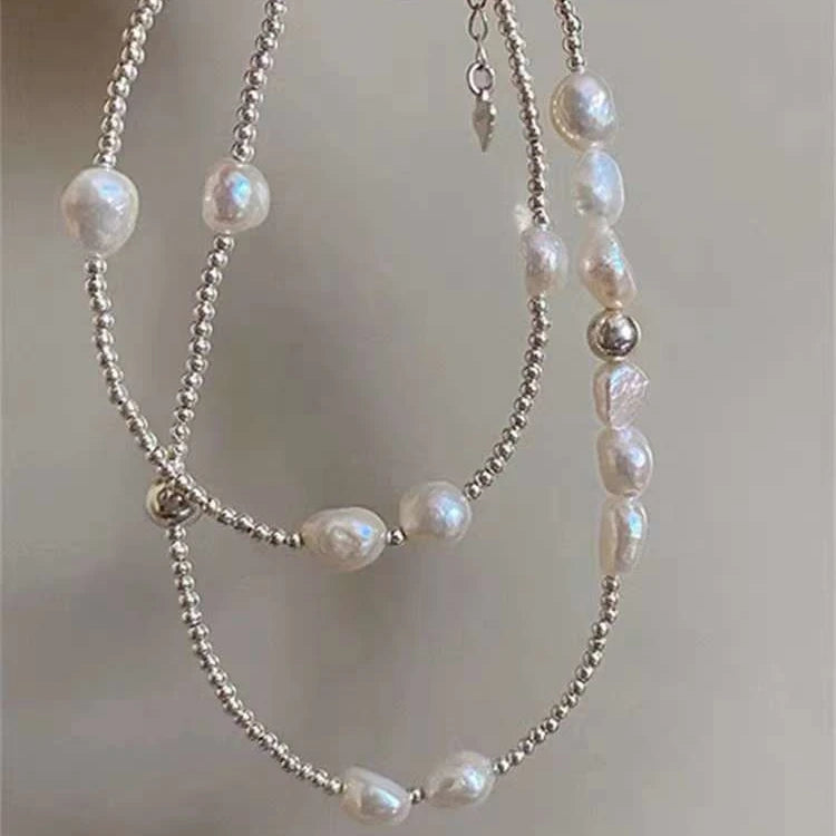 Distinctive Silver Freshwater Baroque Pearl Necklace with Collarbone Chain Elegant Jewelry for Men and Women