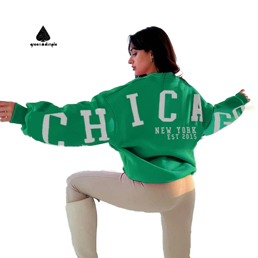 Women's Custom Green Dimple Screen Print Cotton Pullover Oversized Boxy Fit Hoodie with Crew Neck for Autumn Season