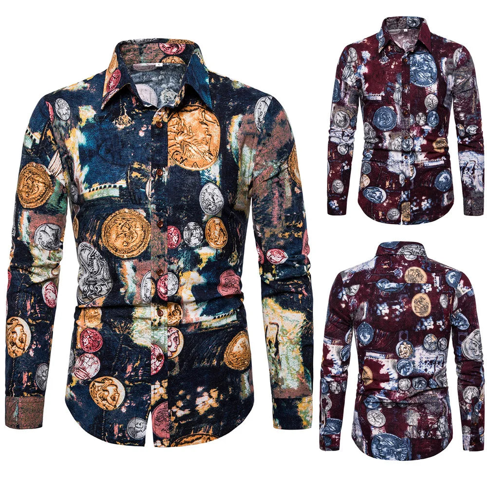 2023 Shirt New square Collar Slim Fashion European Size Leaf Youth Long-sleeved Shirt