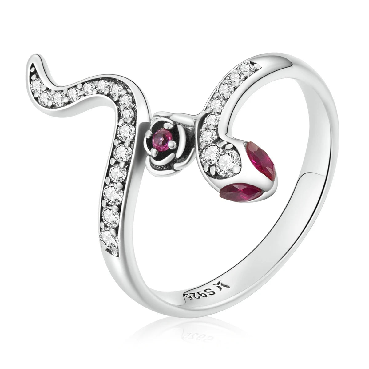 New Trendy Vintage 925 Sterling Silver Snake and Rose Gemstone Ring Fine Rhodium Plated S925 Silver Jewelry with Bezel Setting