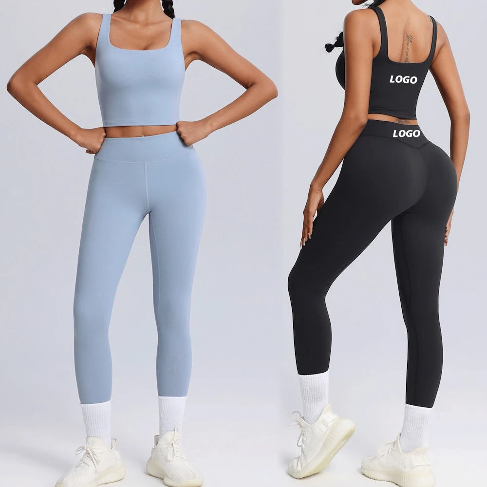 Plus Size High-end Workout Clothes for Woman Superior Stretchy Gym Tank Top with Removable Pads + Fitness Leggings Set