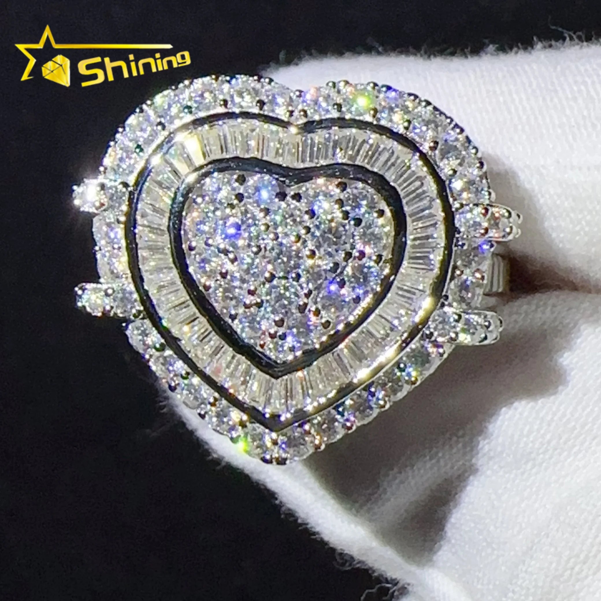 Fine Jewelry Women Ring Silver 925 Iced Out Diamond Hip Hop Vvs Moissanite Heart Rings
