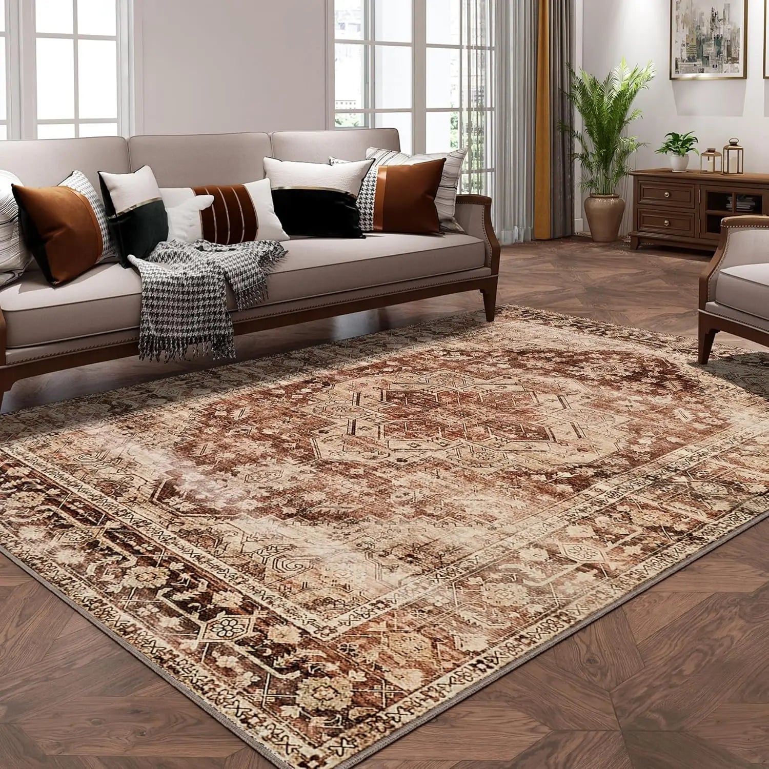 Luxury Vintage Rug 5x7 Low Pile Indoor Floral Print Stain Resistance Non-Slip Large Area Carpet Living Room Machine Washable